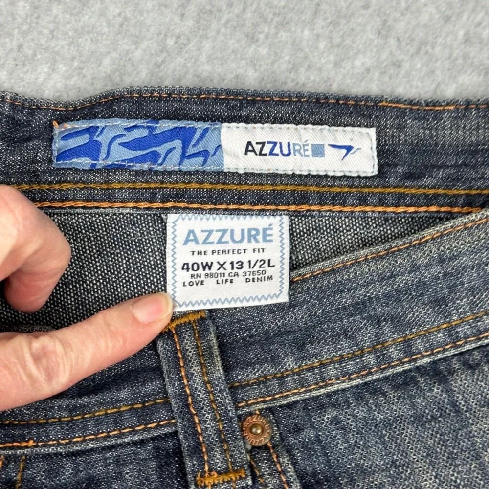 Azzure Mens Love Life Denim Shorts Dark Wash Embroidered‎ 40W Relaxed Fit Y2K